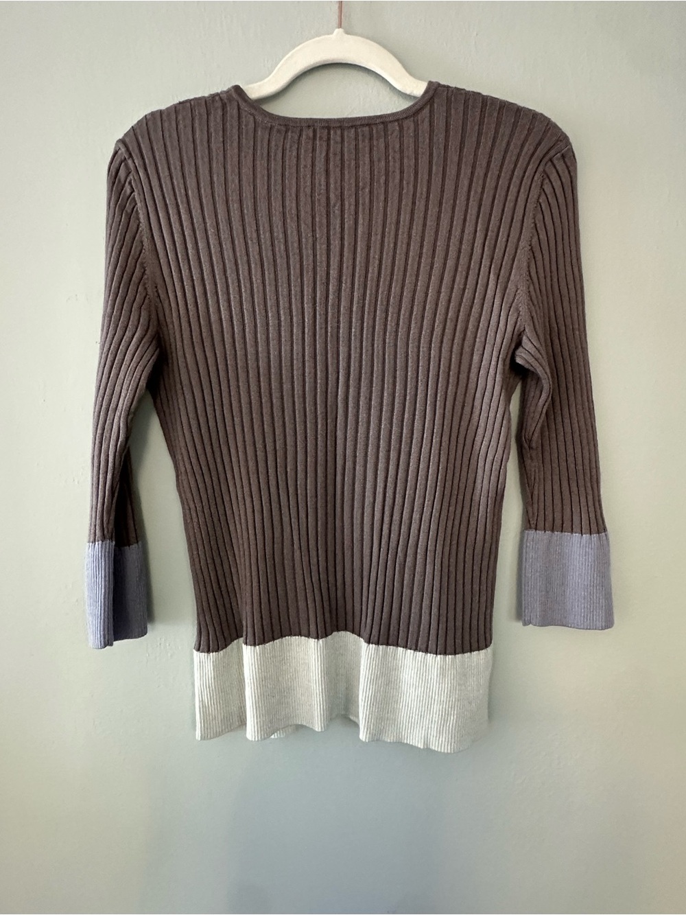 St John Luxury Wool Rayon Blend Colorblock Ribbed Sweater Taupe / Cream Sz M